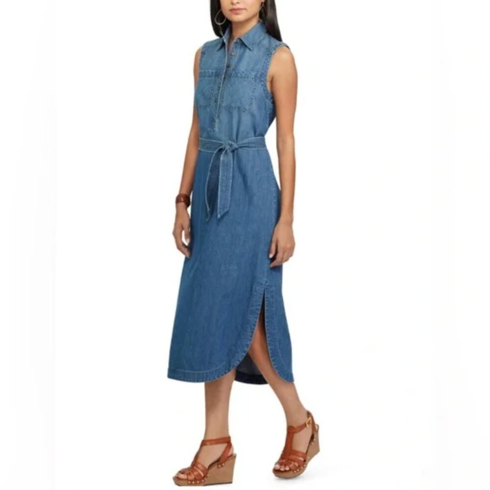 Chaps Sleeveless Denim Midi Dress in Blue